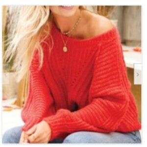 Free People Carter Pullover Off the Shoulder Sweater Red Hot NWT Sz S